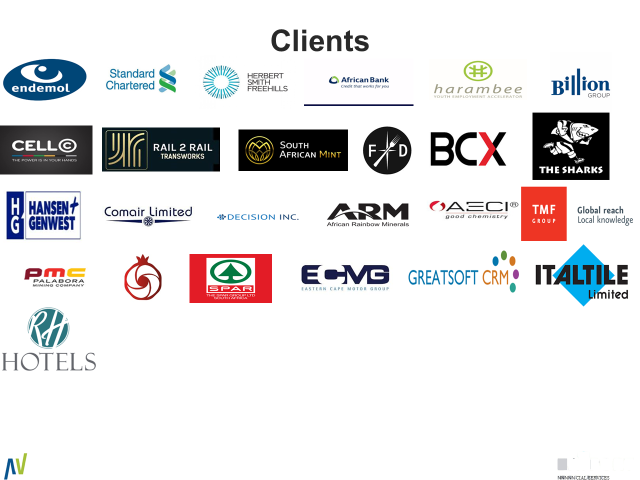 Traverse Advisory client logos including Standard Chartered, African Bank, BCX, SPAR, AECI, South African Mint, ITALTILE and more