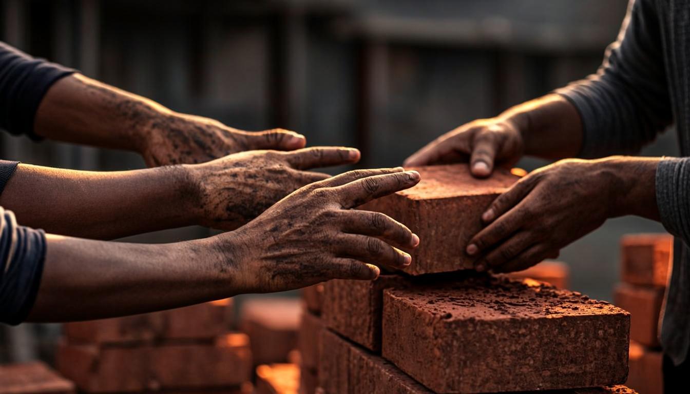 Hands building with bricks — building transformation together